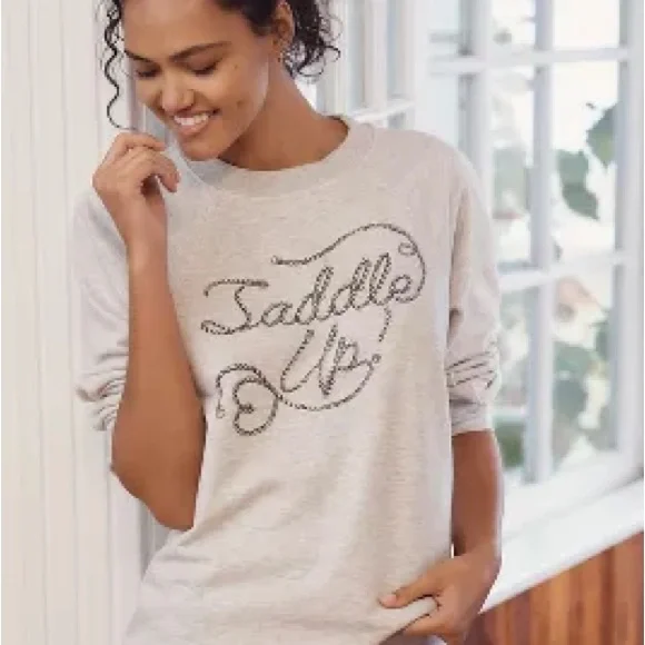 BY ANTHROPOLOGIE CREW-NECK GRAPHIC SWEATSHIRT | SADDLE UP | Western Boho | Large - Picture 1 of 4